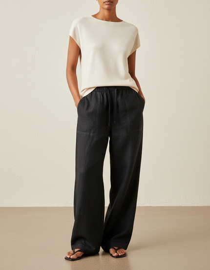 Pantalon Baggy Noir Lin Fluide Taille Haute