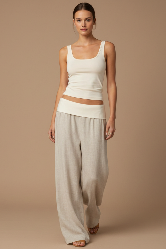 Pantalon Baggy Beige Ample Fluide Décontracté Lin