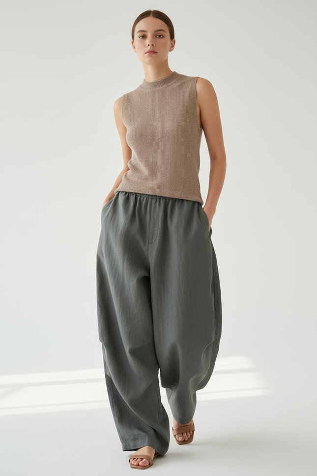 Pantalon Baggy Lin Ample Vert Femme Décontracté - Kaki