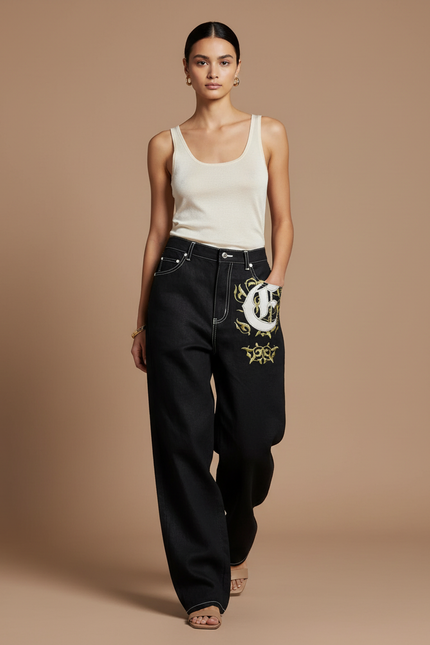 Pantalon Baggy Noir Brodé Ample Streetwear Femme - Jean