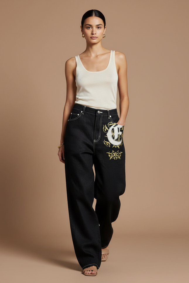 Pantalon Baggy Noir Brodé Ample Streetwear Femme - Jean