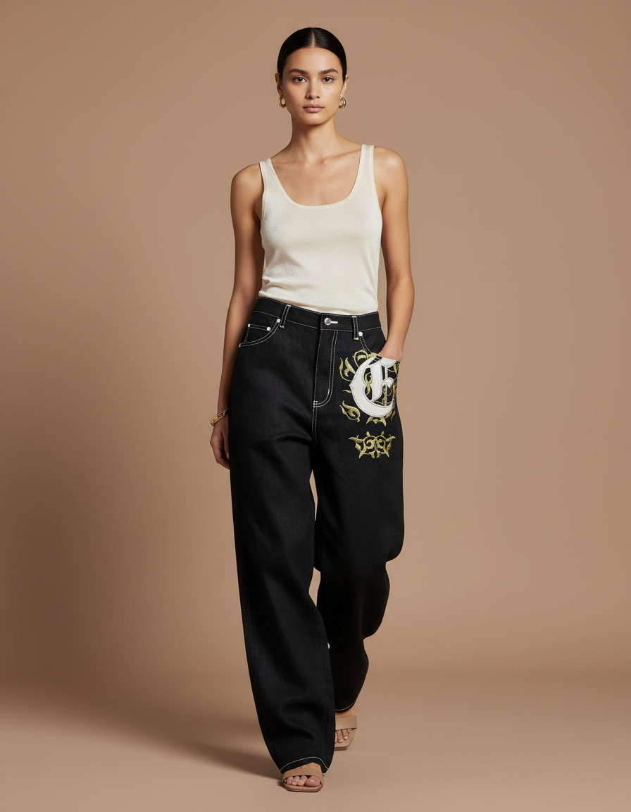 Pantalon Baggy Noir Brodé Ample Streetwear Femme - Jean