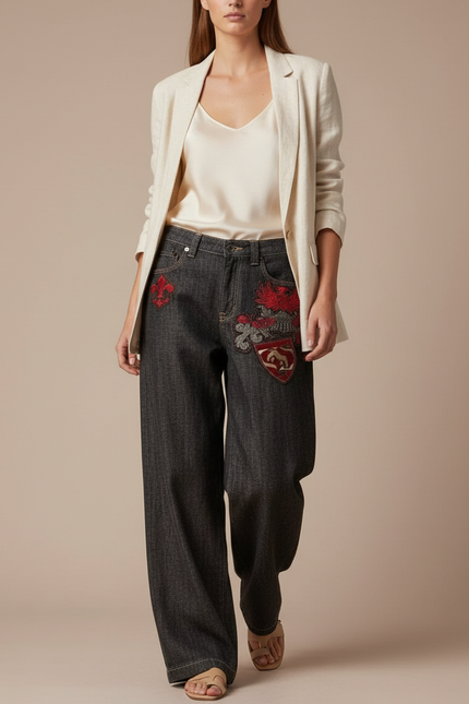 Pantalon Baggy Gris Foncé Brodé Streetwear Femme - Jean