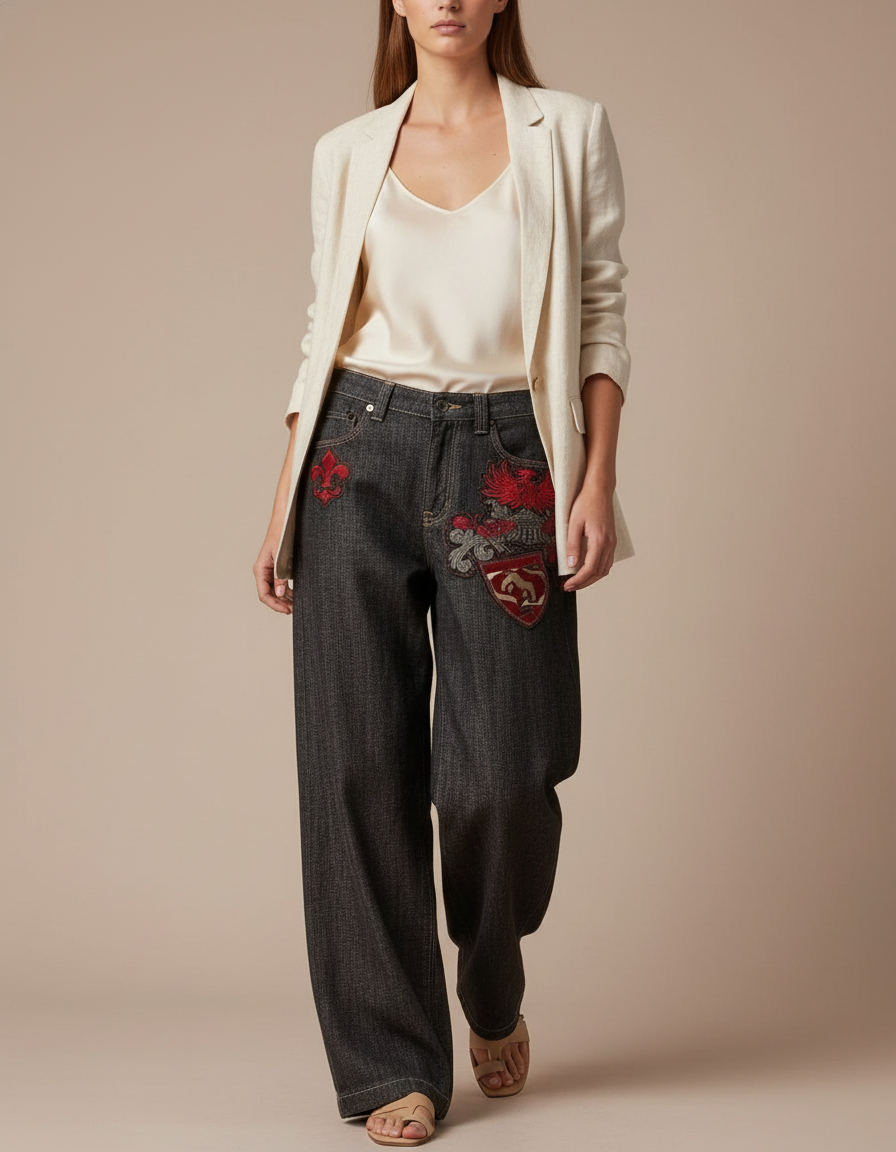 Pantalon Baggy Gris Foncé Brodé Streetwear Femme - Jean