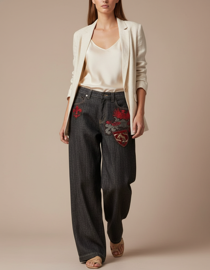 Pantalon Baggy Gris Foncé Brodé Streetwear Femme - Jean