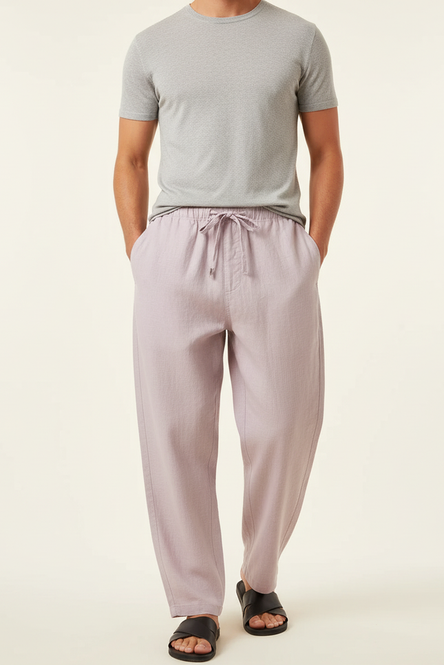 Pantalon Baggy Lin Coton Violet Ample Cordon Décontracté