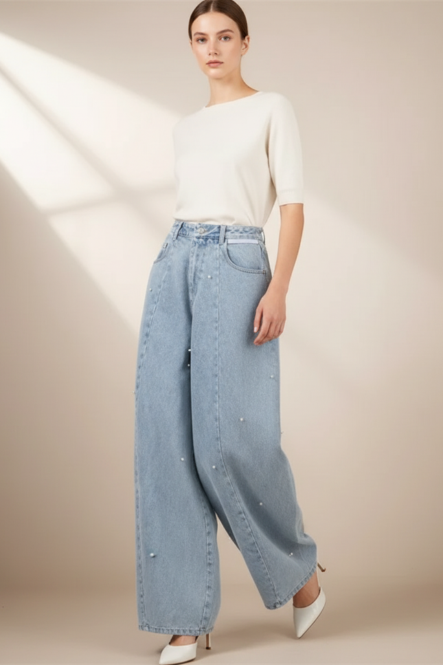 Pantalon Baggy Jean Bleu Perles Élégant Femme