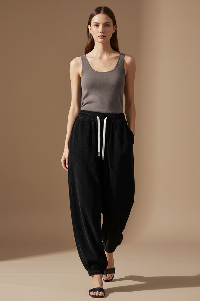 Pantalon Baggy Noir Côtelé Ample Décontracté Blanc - Cordé