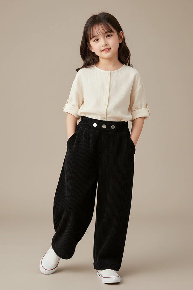 Pantalon Baggy Noir Côtelé Large Velours Enfant - Cordé