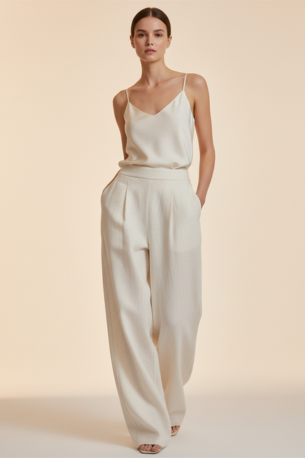 Pantalon Baggy Blanc Cassé Ample Plissé Fluide - Beige Lin