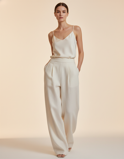 Pantalon Baggy Blanc Cassé Ample Plissé Fluide - Beige Lin