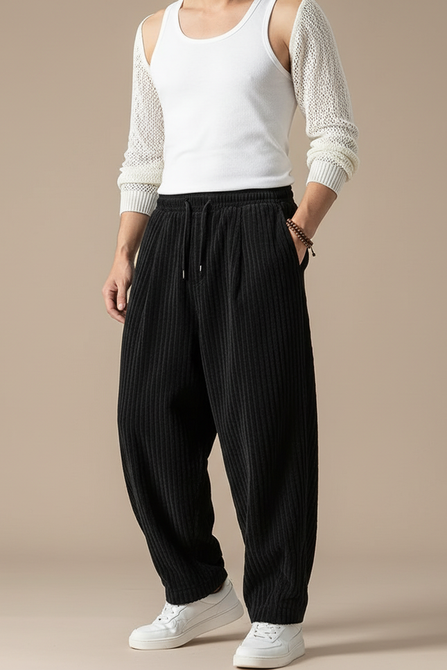 Pantalon Baggy Noir Velours Côtelé Ample Droit Homme - Cordé