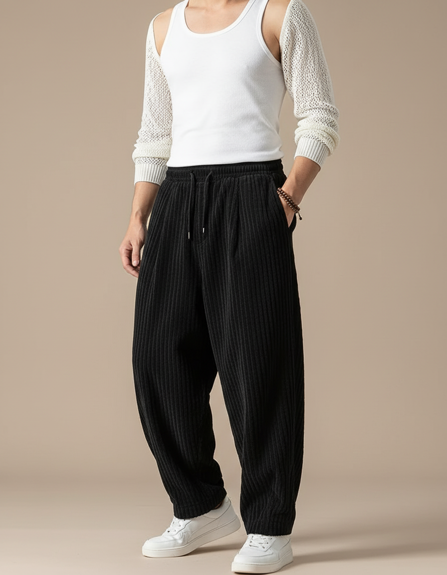 Pantalon Baggy Noir Velours Côtelé Ample Droit Homme - Cordé