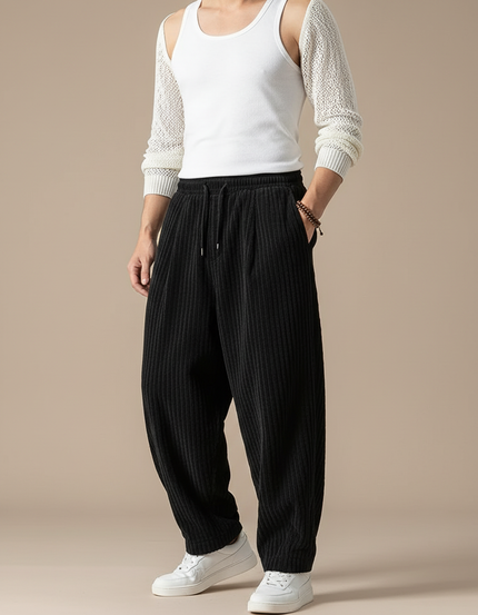 Pantalon Baggy Noir Velours Côtelé Ample Droit Homme - Cordé