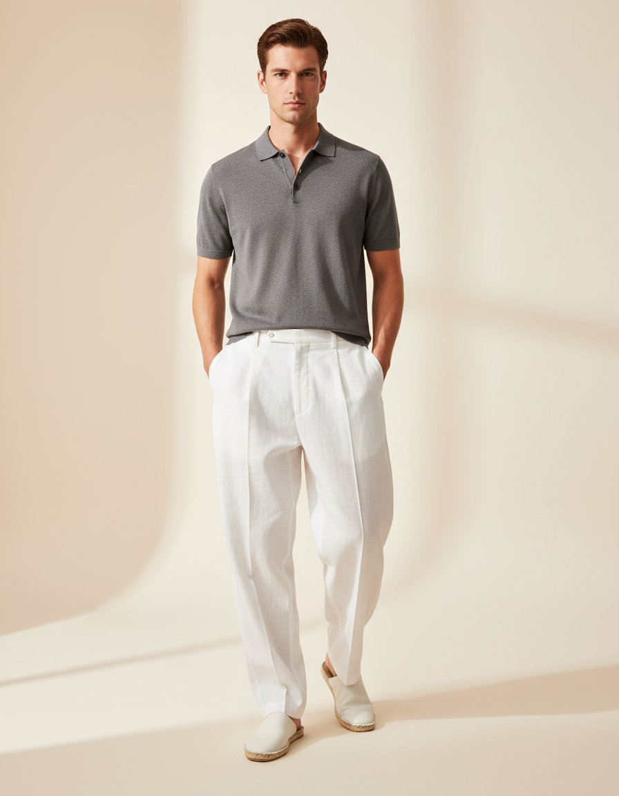 Pantalon Baggy Blanc Lin Plissé Droit Décontracté Homme