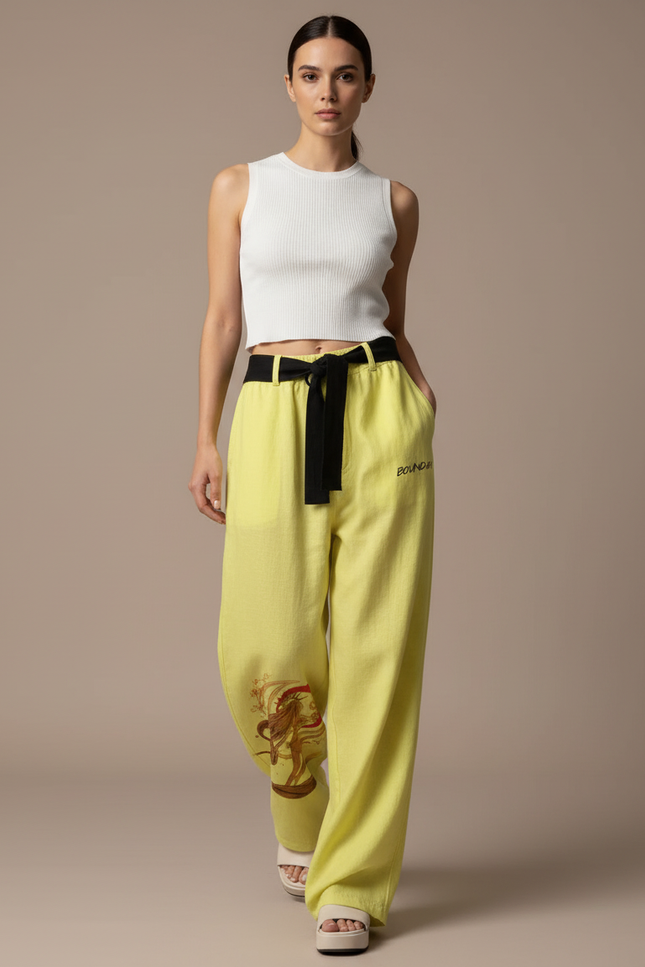 Pantalon Baggy Jaune Lin Ample Imprimé Streetwear Femme