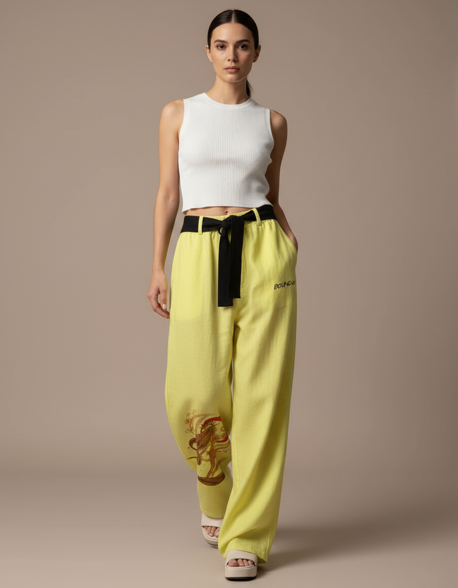 Pantalon Baggy Jaune Lin Ample Imprimé Streetwear Femme