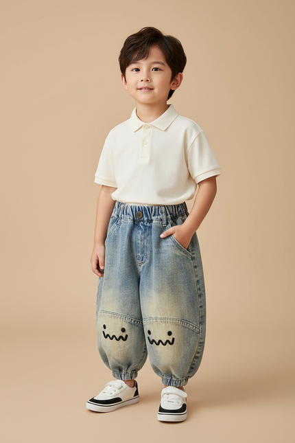 Pantalon Baggy Jean Dégradé Ample Imprimé Visage Garçon - Bleu