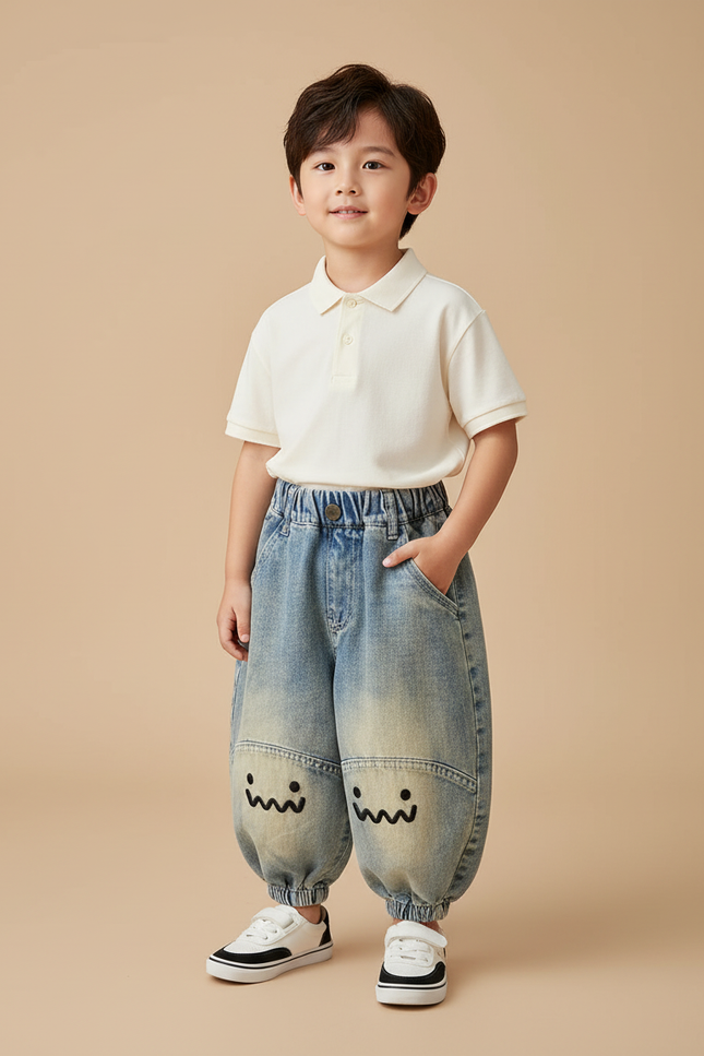 Pantalon Baggy Jean Dégradé Ample Imprimé Visage Garçon - Bleu