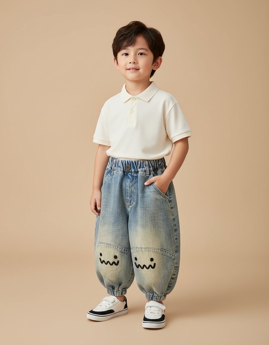 Pantalon Baggy Jean Dégradé Ample Imprimé Visage Garçon - Bleu