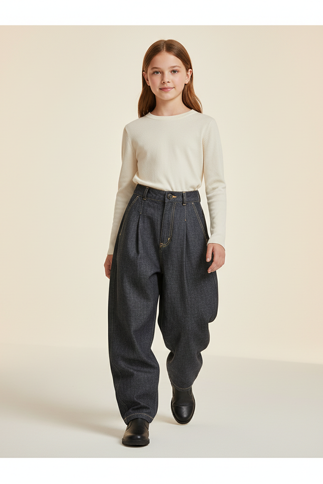 Pantalon Baggy Denim Plissé Ample Fille - Marine Jean