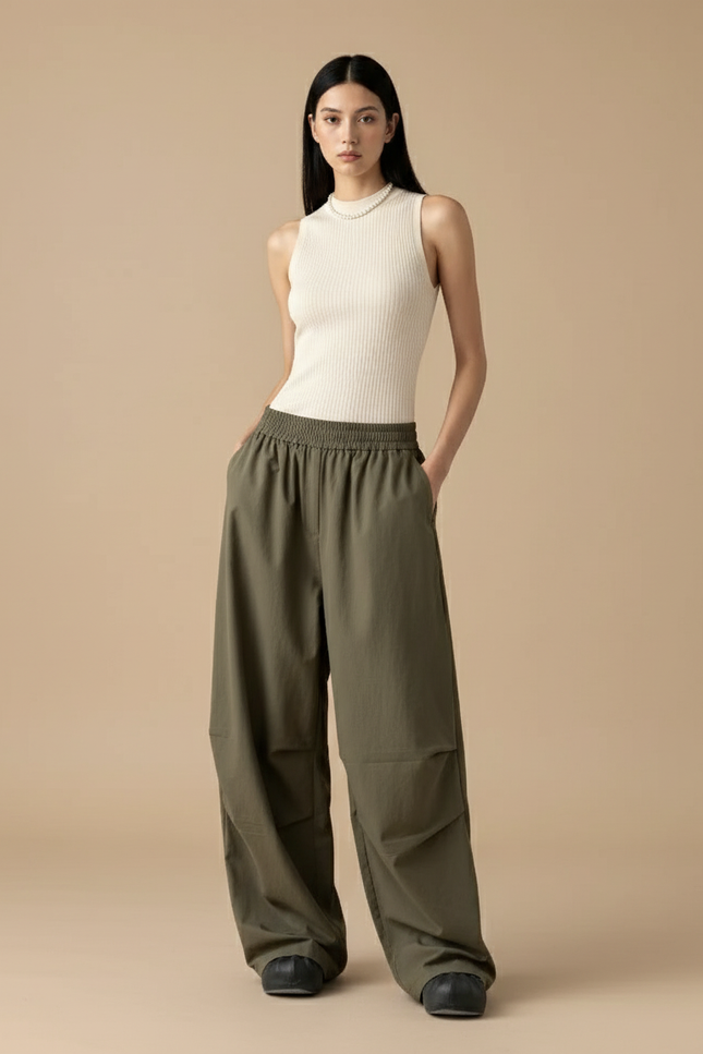 Pantalon Baggy Vert Kaki Ample Fluide Décontracté - Gabardine