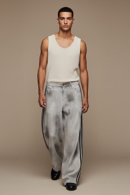 Pantalon Baggy Gris Délavé Rayures Latérales Streetwear - Jean