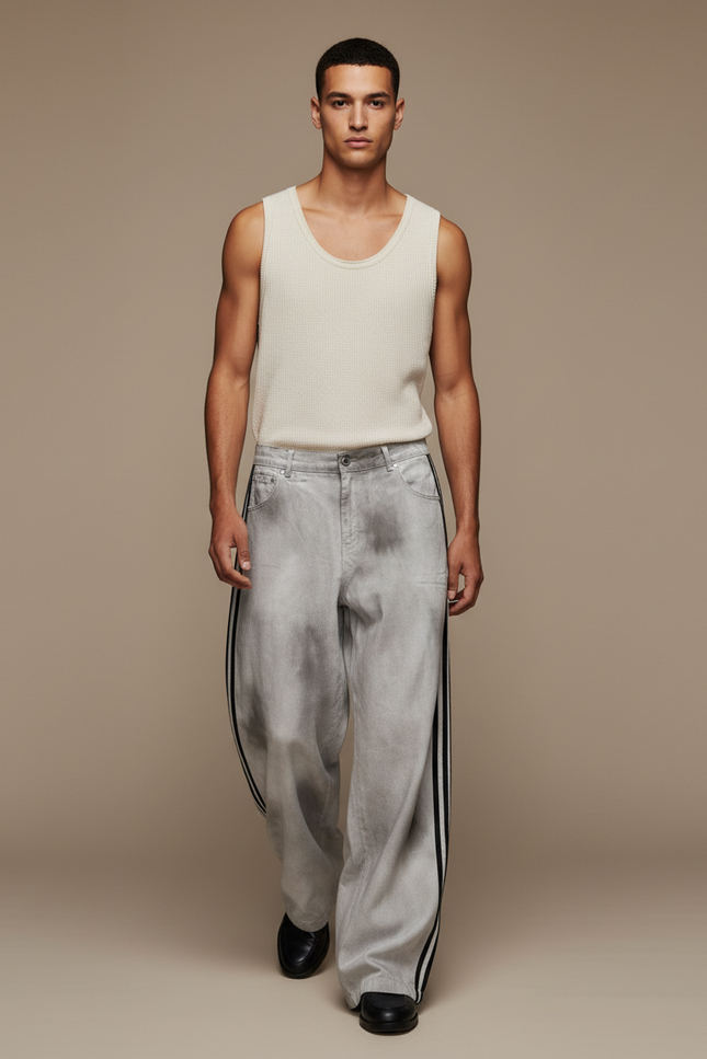 Pantalon Baggy Gris Délavé Rayures Latérales Streetwear - Jean