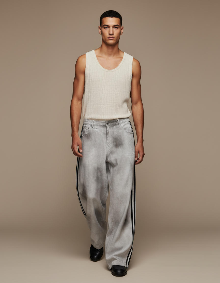 Pantalon Baggy Gris Délavé Rayures Latérales Streetwear - Jean