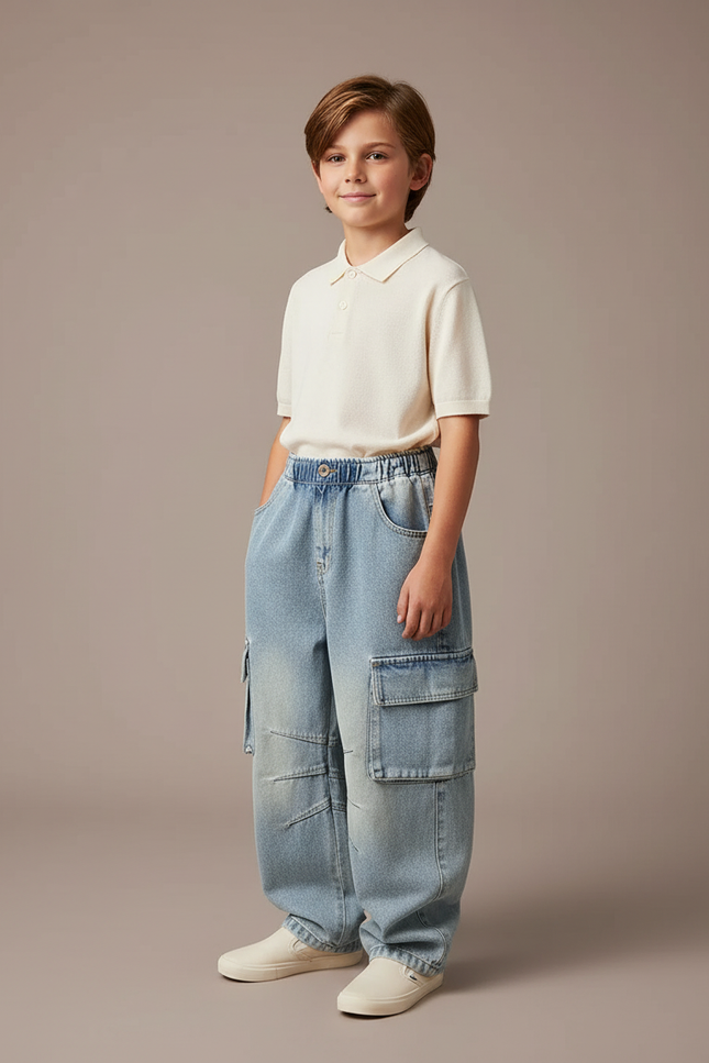 Pantalon Baggy Jean Clair Cargo Ample Enfant - Bleu
