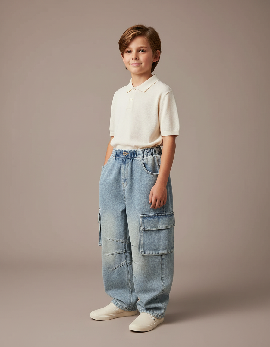 Pantalon Baggy Jean Clair Cargo Ample Enfant - Bleu