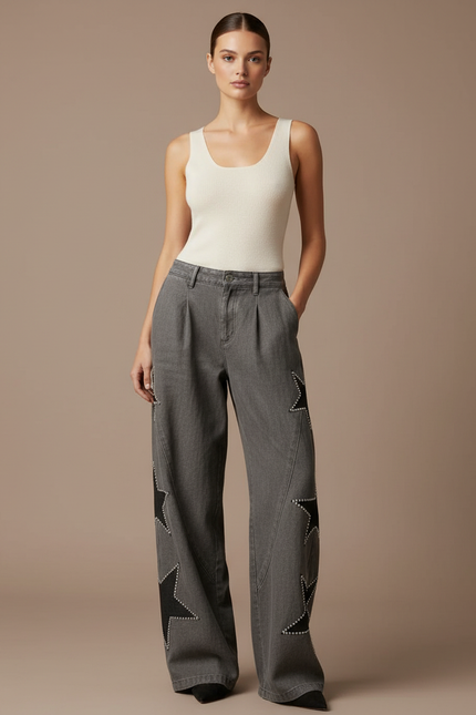 Pantalon Baggy Gris Étoiles Cloutées Ample Denim Femme - Jean