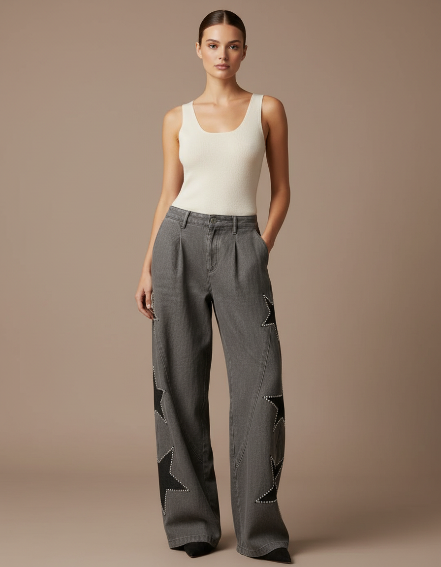 Pantalon Baggy Gris Étoiles Cloutées Ample Denim Femme - Jean