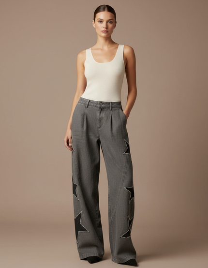 Pantalon Baggy Gris Étoiles Cloutées Ample Denim Femme - Jean
