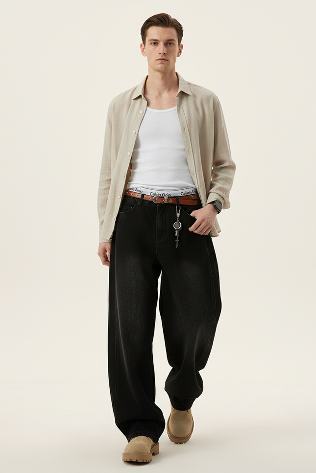 Pantalon Baggy Noir Ample Délavé Denim Décontracté Homme - Jean