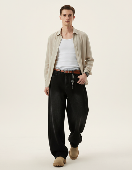 Pantalon Baggy Noir Ample Délavé Denim Décontracté Homme - Jean