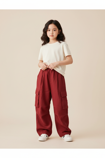 Pantalon Baggy Rouge Cargo Ample Enfant Coton - Bordeaux Lin