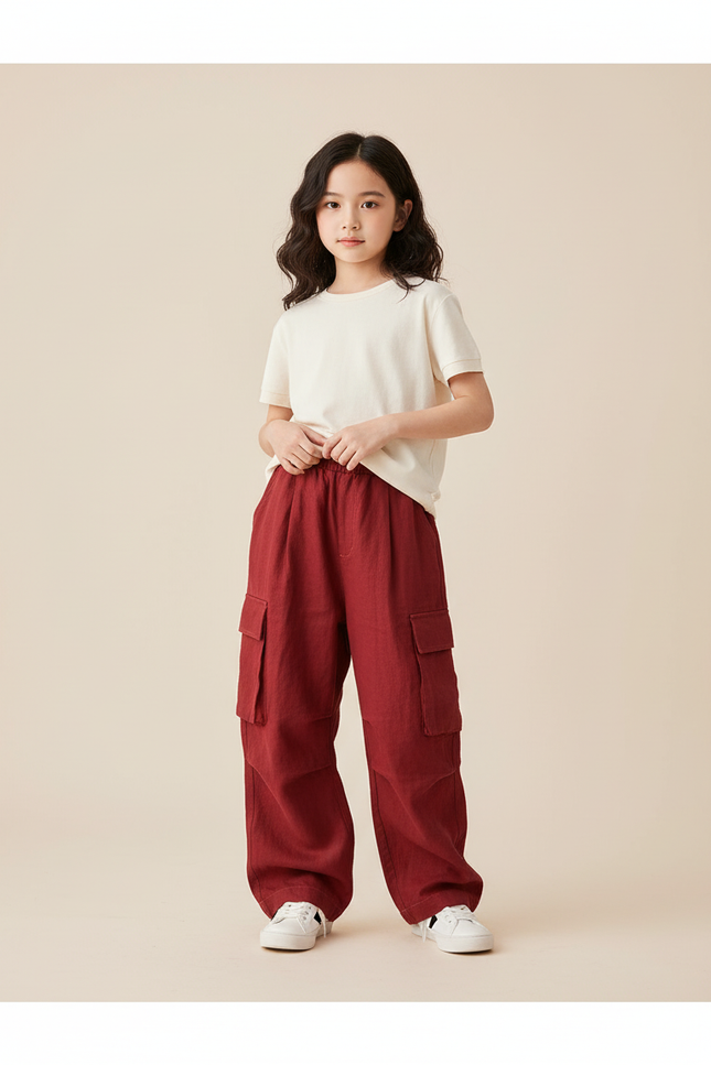 Pantalon Baggy Rouge Cargo Ample Enfant Coton - Bordeaux Lin