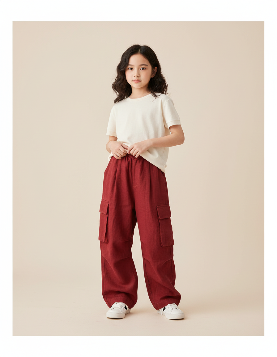 Pantalon Baggy Rouge Cargo Ample Enfant Coton - Bordeaux Lin