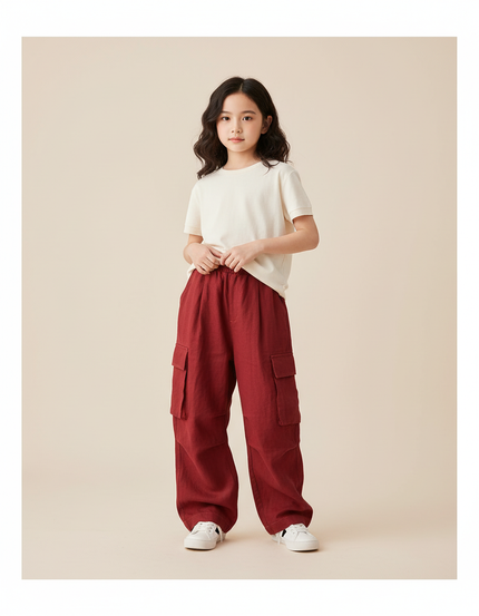 Pantalon Baggy Rouge Cargo Ample Enfant Coton - Bordeaux Lin