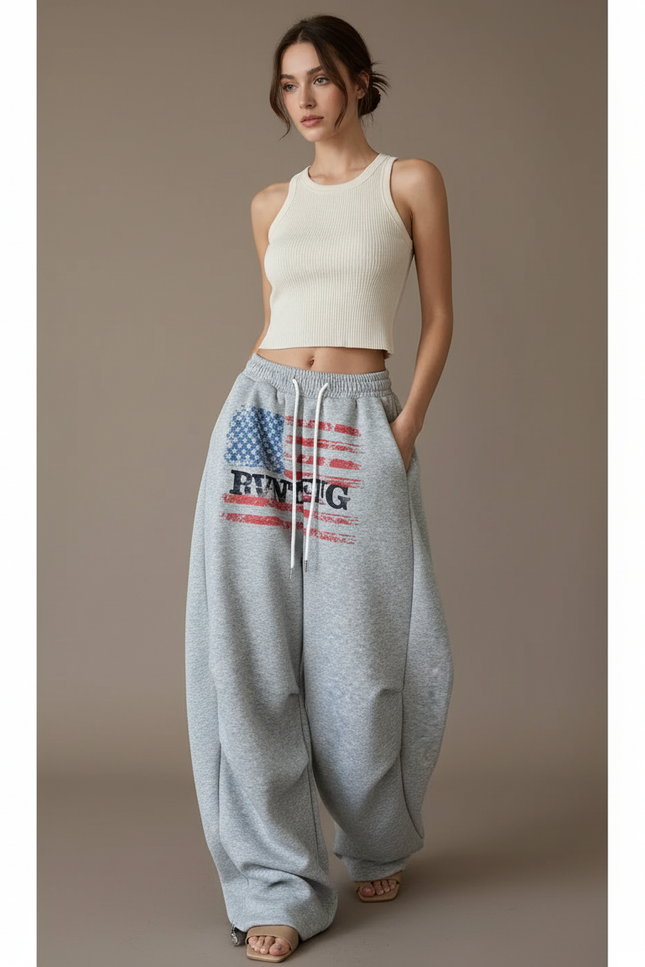 Pantalon Baggy Gris Ample Coton Imprimé Décontracté - Molleton