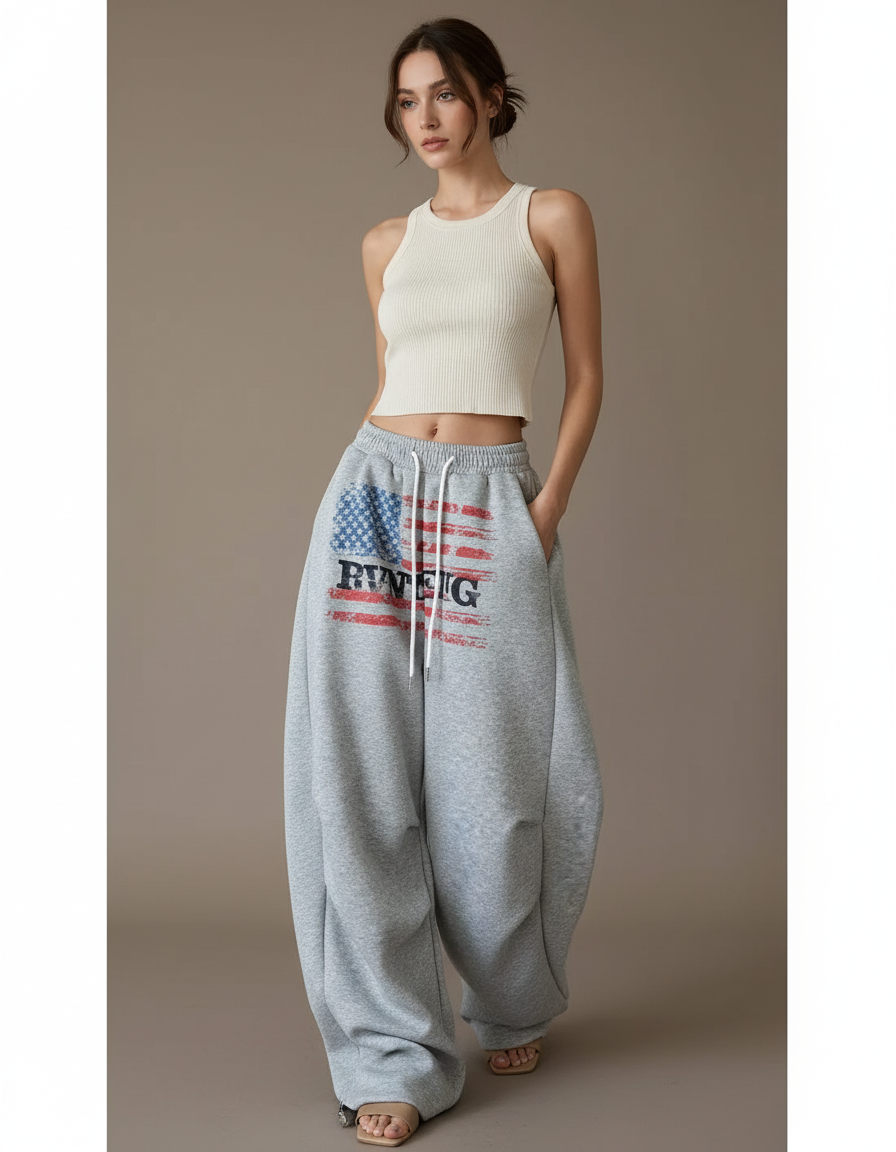 Pantalon Baggy Gris Ample Coton Imprimé Décontracté - Molleton