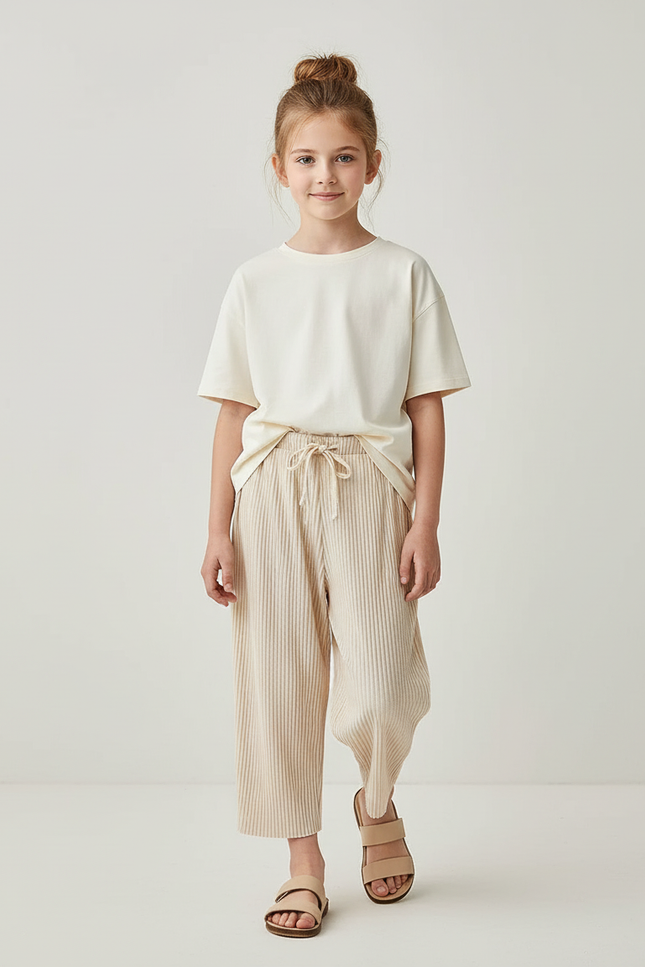 Pantalon Baggy Plissé Beige Ample Fluide Fille - Maille