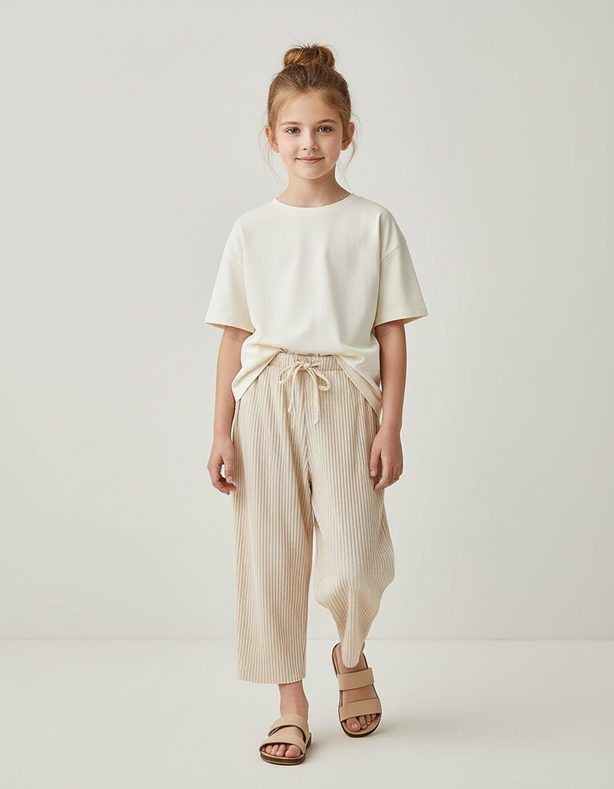 Pantalon Baggy Plissé Beige Ample Fluide Fille - Maille