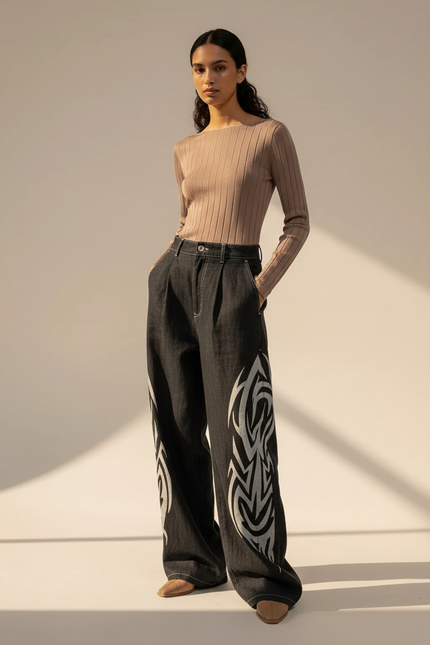 Pantalon Baggy Noir Ample Imprimé Tribal Streetwear - Jean