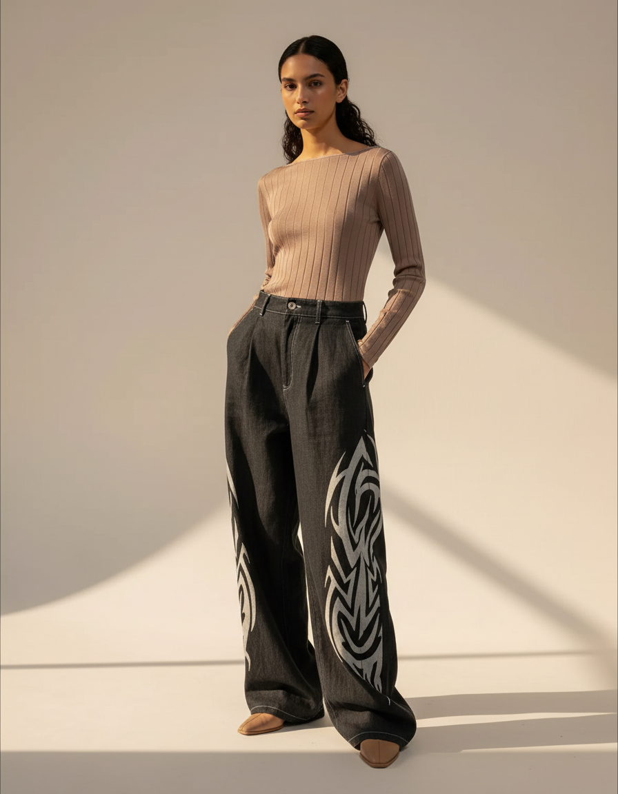 Pantalon Baggy Noir Ample Imprimé Tribal Streetwear - Jean