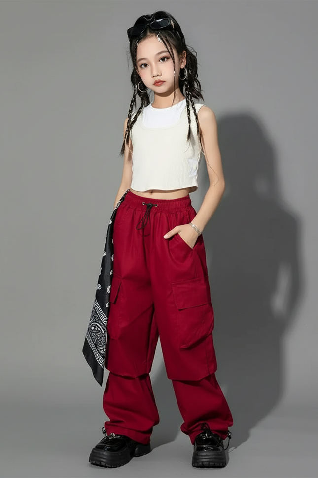 Pantalon Baggy Rouge Cargo Ample Streetwear Fille - Bordeaux Coton