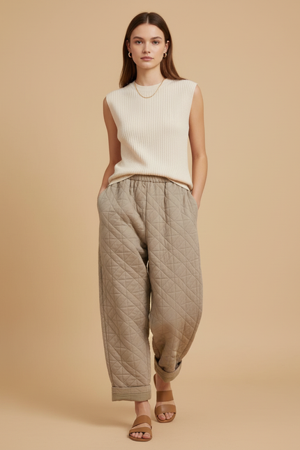 Pantalon Baggy Matelassé Beige Ample Coton Chaud - Molleton
