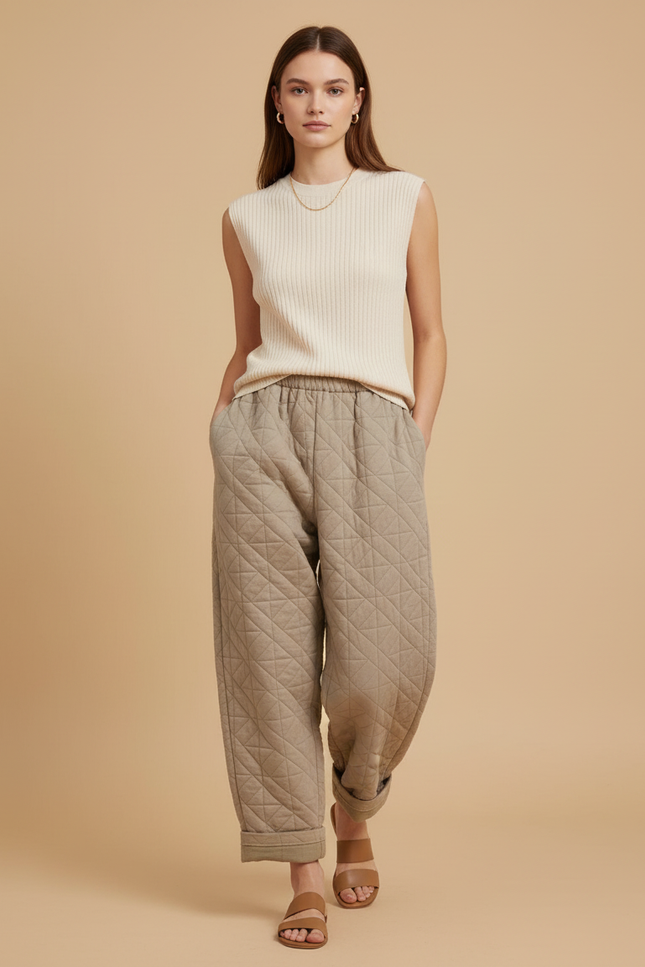 Pantalon Baggy Matelassé Beige Ample Coton Chaud - Molleton