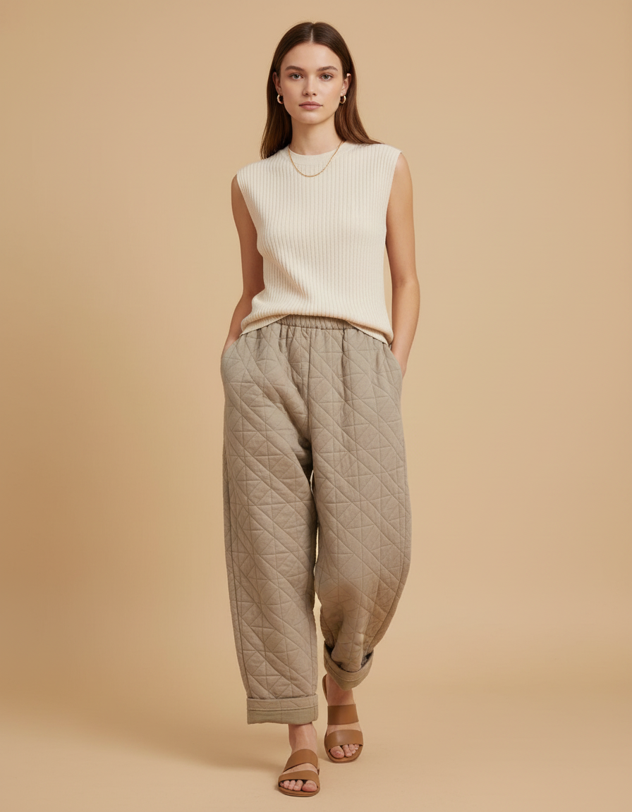 Pantalon Baggy Matelassé Beige Ample Coton Chaud - Molleton